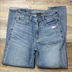 American Eagle Light Blue Denim Jeans with Tan Stitching